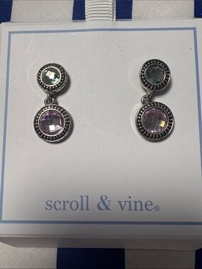 Silver Double Drop Earrings with Pink and Pale Green Crystals